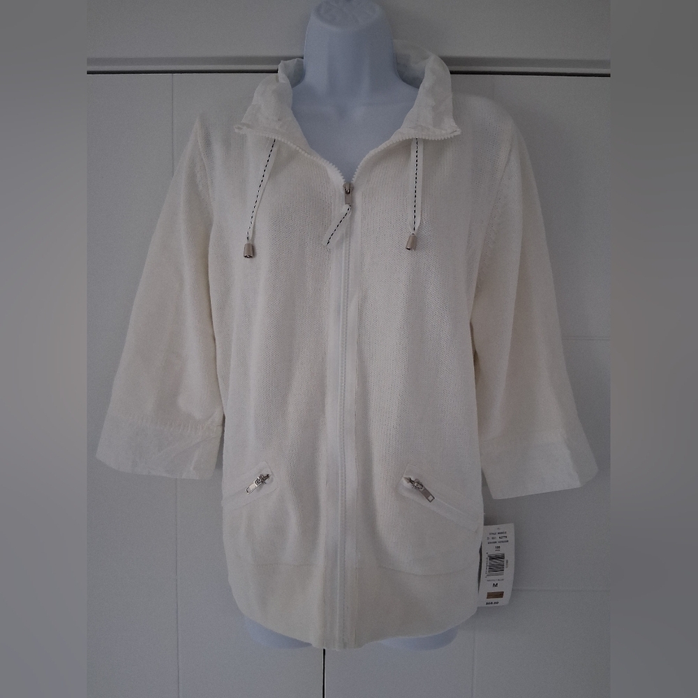 NWT Allison Daley/ White Knit Zip-Up Sweater/ Three Quarter Length/ Size US M